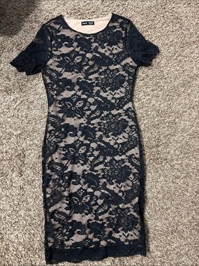 SHEIN Black Lace Midi Dress with Nude Lining